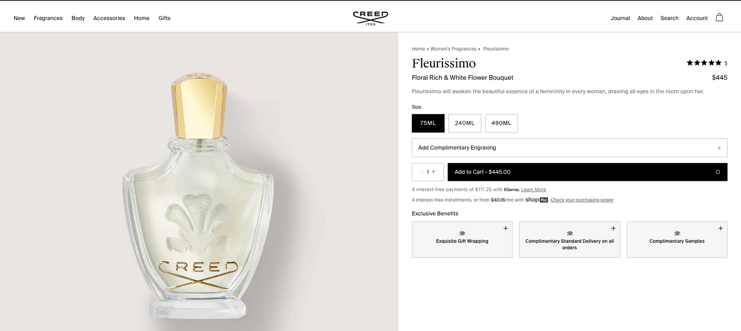 CREED Fleurissimo - GRADE 8.65 - FOR HER - 2.5 oz / 75 ml